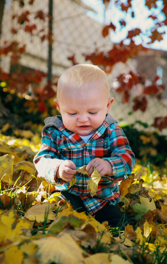 baby playing with leaves