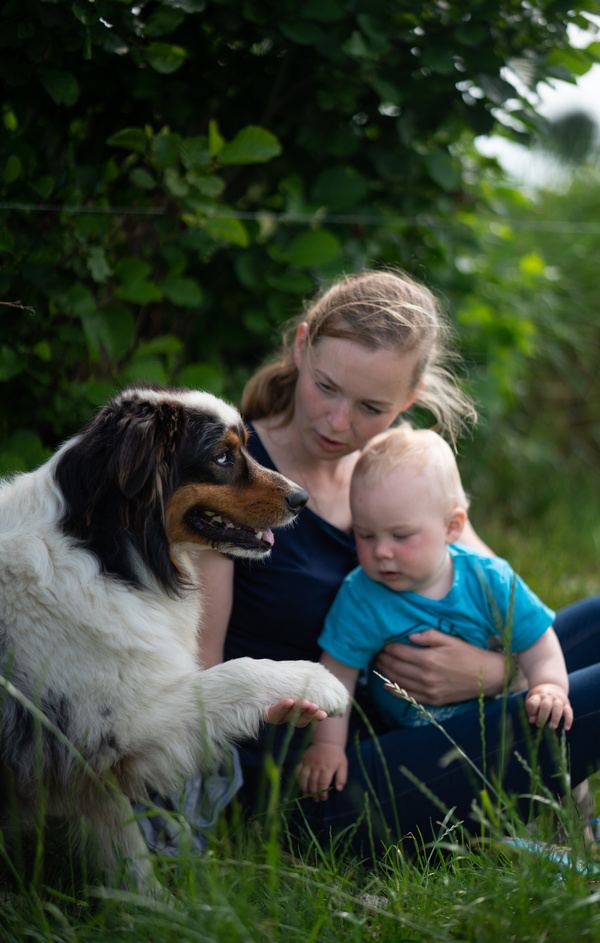 Mujer con bebe y perro